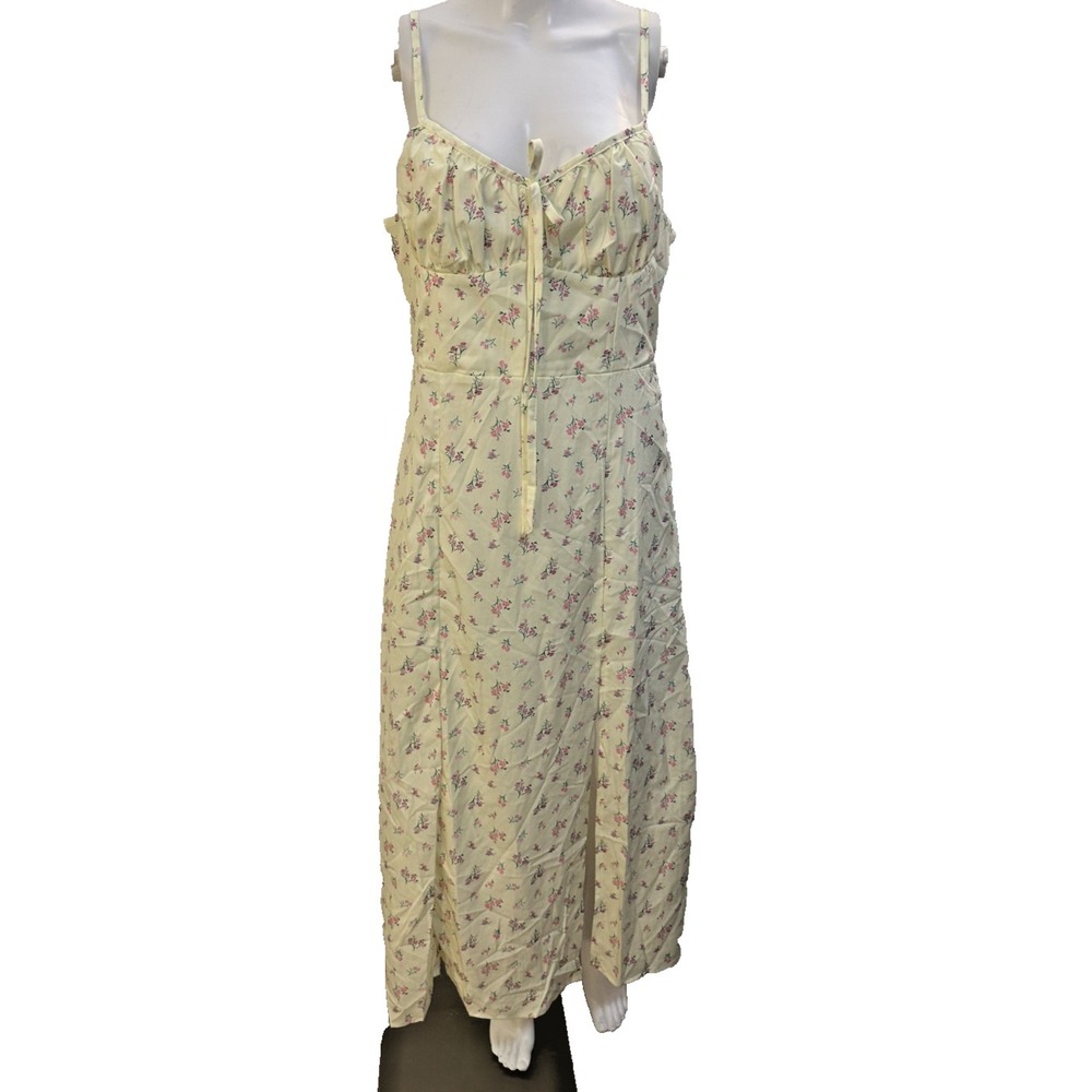 Womans XL Floral Midi Dress Yellow Tie Front Sleeveless A Line‎ Boho Cottagecore